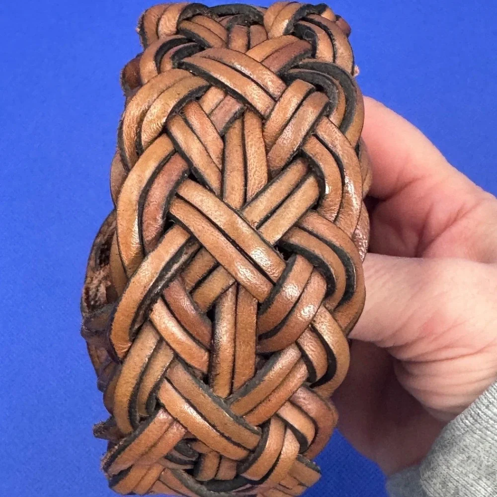 Cognac Brown Genuine Leather Braided Belt Wide Woven Boho Western Earthy Rustic